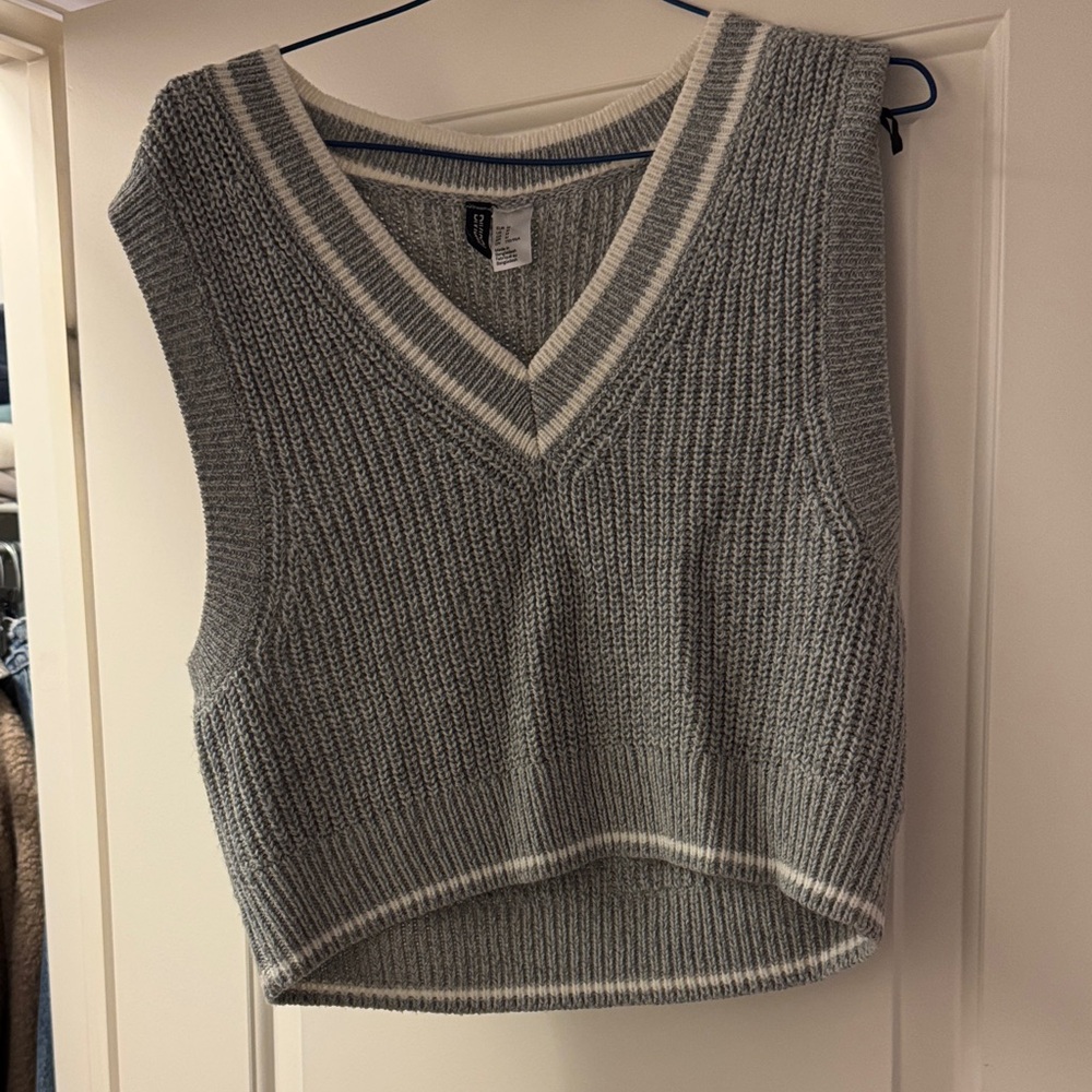 Gray and White Knit V-Neck Sweater Vest
